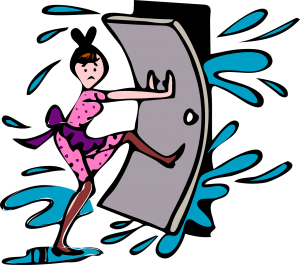 A girl holding the door while water is coming through it and filling her home 